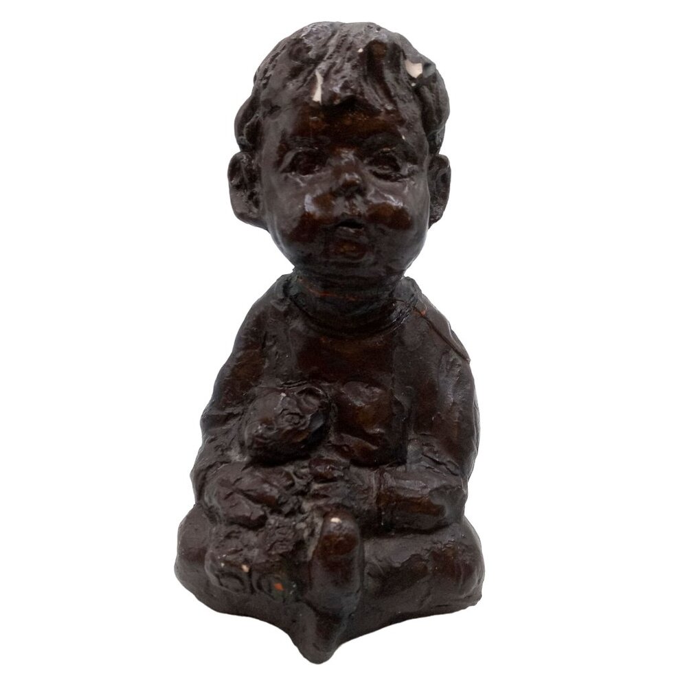 Boy with Teddy Bear Sculpture Babs Mellor Vintage OOAK Art Statue AS IS READ